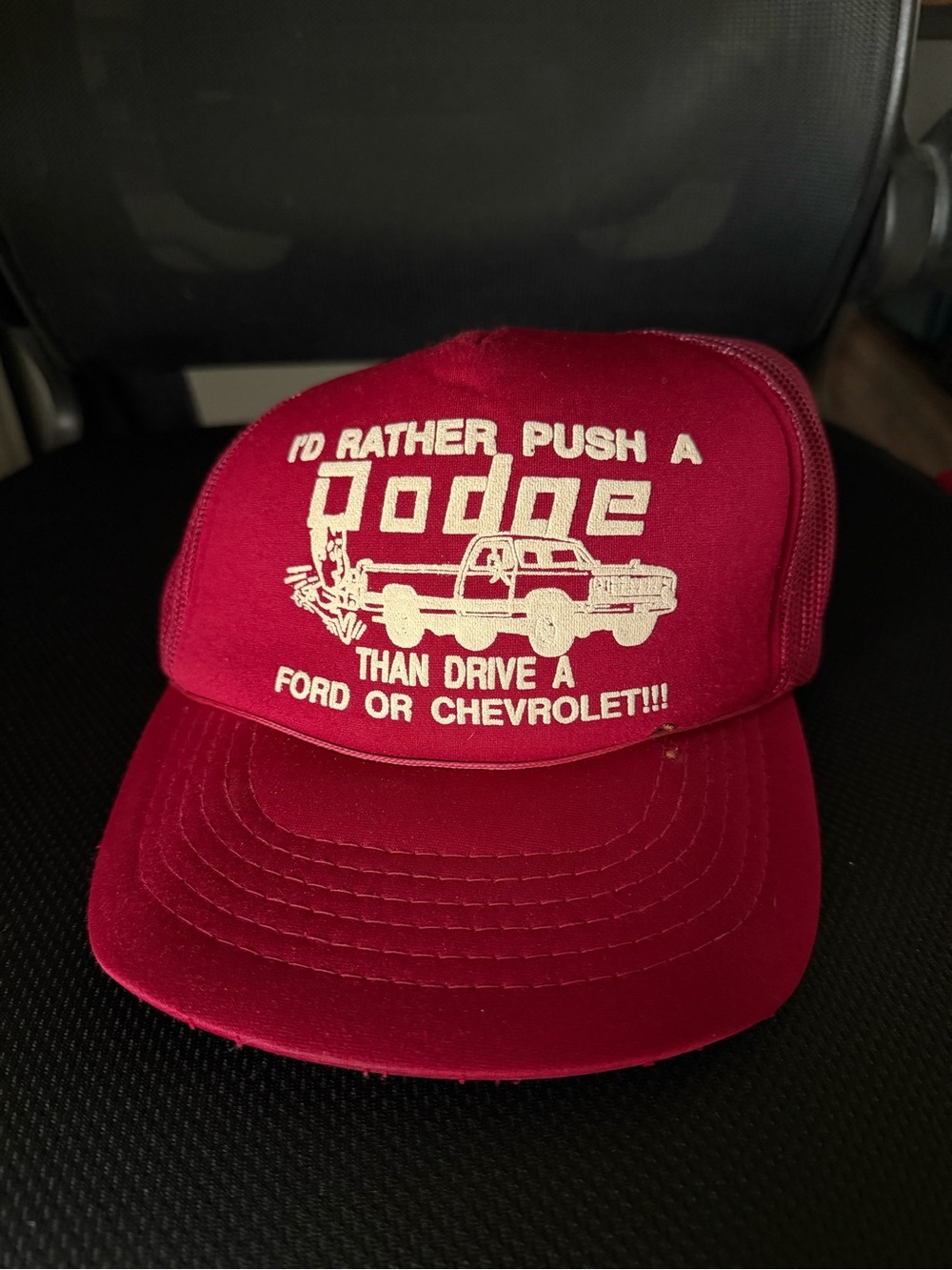 Vintage 90s I’d Rather Push A Dodge Than Drive A Ford Or Chevy Red Trucker Hat